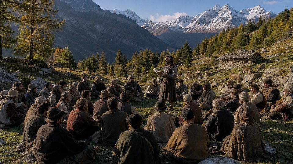 Une soixantaine de montagnards assis dans un alpage écoutent un homme qui lit un livre ouvert, devant des sommets enneigés